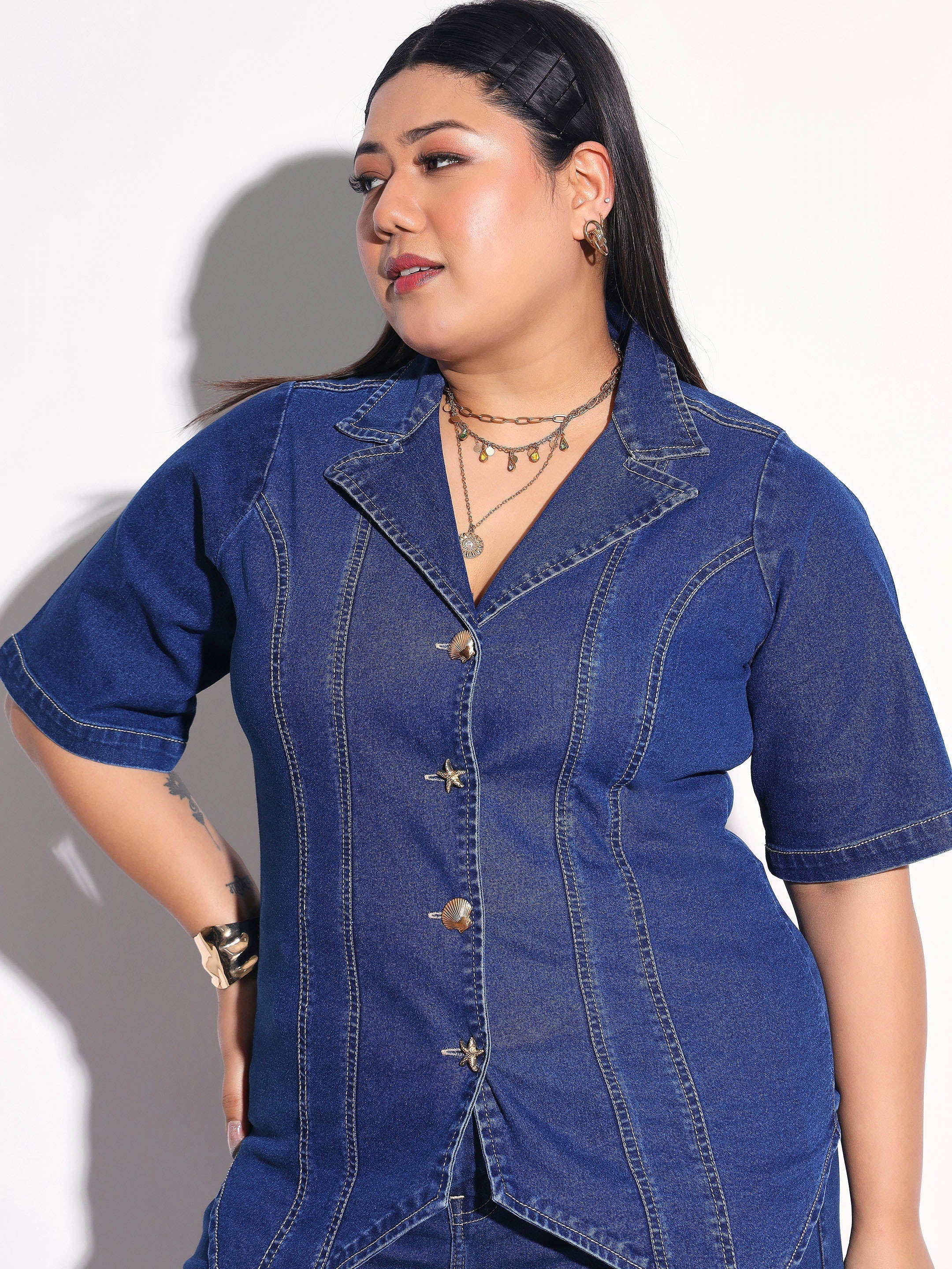 Navy Denim Collar Top With Bottom Fold Jeans SASSAFRAS Curve