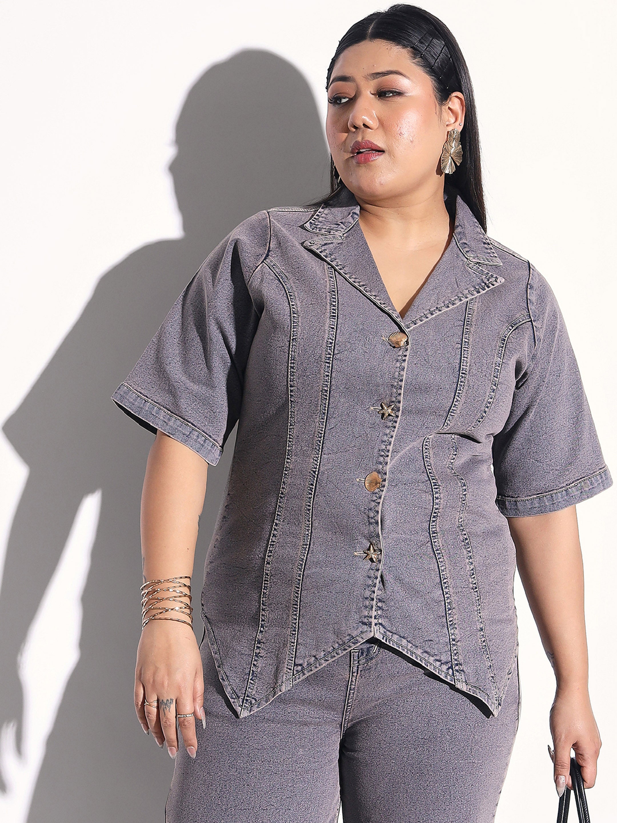 Grey Wash Denim Collar Top With Bottom Fold Jeans SASSAFRAS Curve
