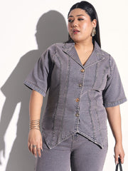 Grey Wash Denim Collar Top With Bottom Fold Jeans SASSAFRAS Curve