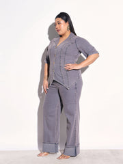 Grey Wash Denim Collar Top With Bottom Fold Jeans SASSAFRAS Curve
