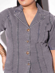 Grey Wash Denim Collar Top With Bottom Fold Jeans SASSAFRAS Curve