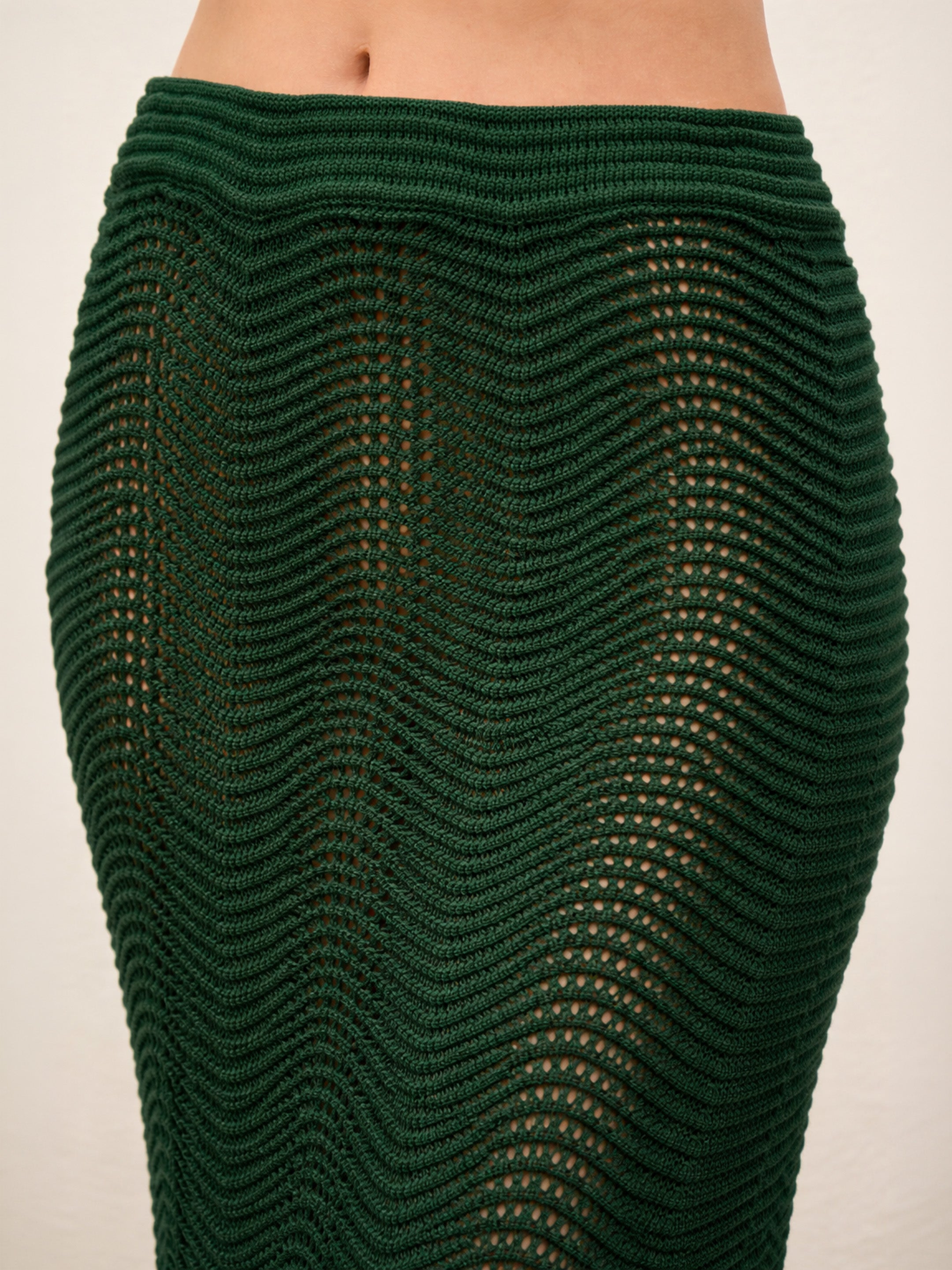 Women Forest Green Crochet Round Neck Top With Straight Skirt