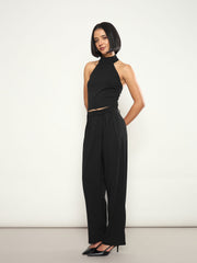 Women Black Halter Neck Top With Wrap Straight Pants