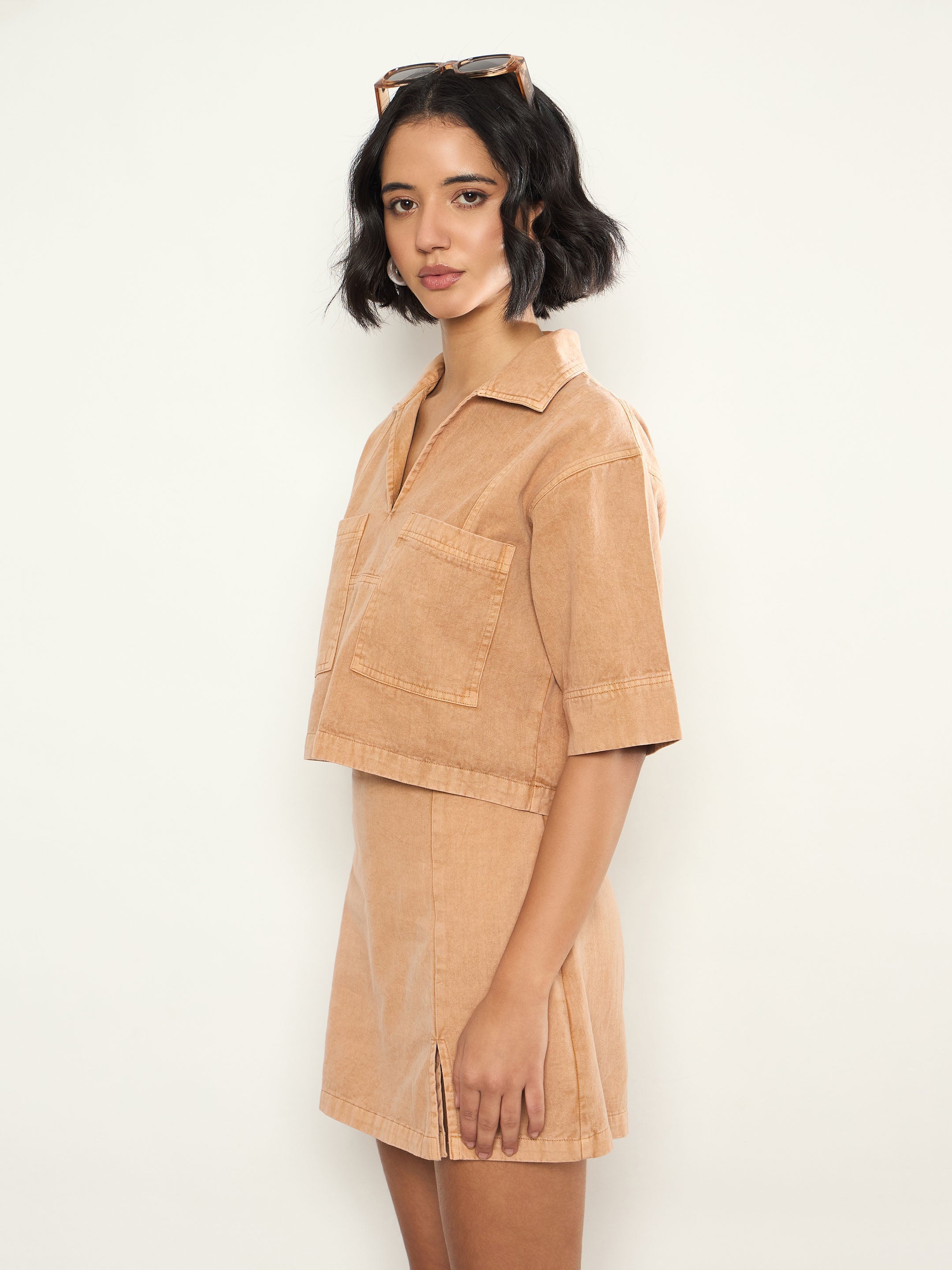 Beige Overdyed Patch Pocket Crop Top With Skorts SASSAFRAS