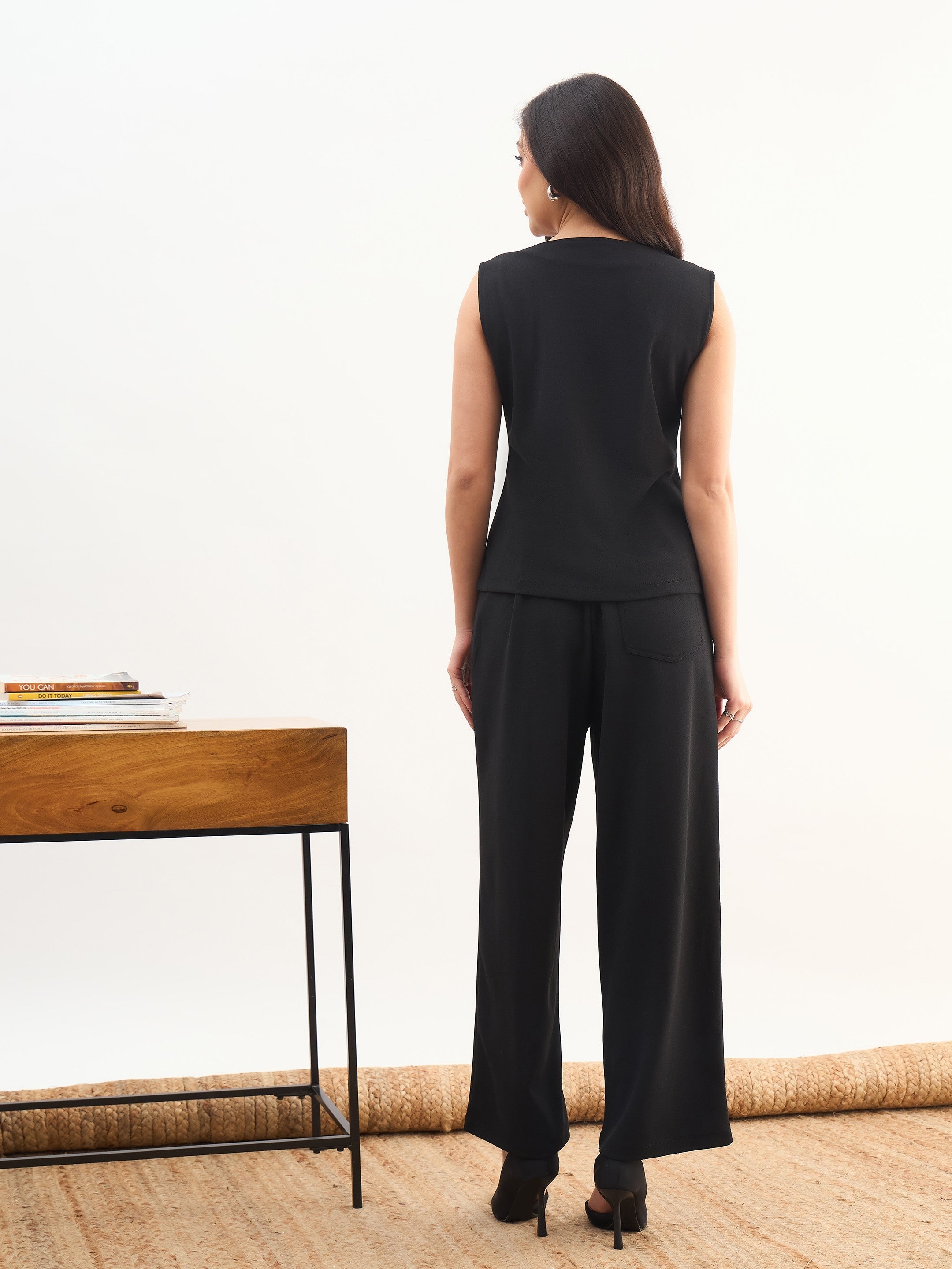 Women Black Sleeveless Button Top With Straight Pants