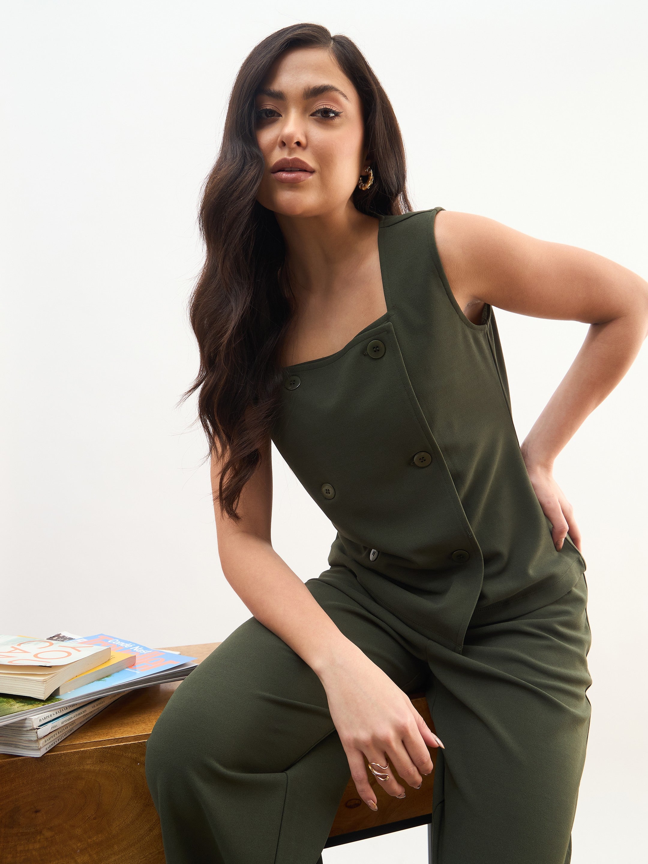Olive Sleeveless Button Top With Straight Pants SASSAFRAS worklyf