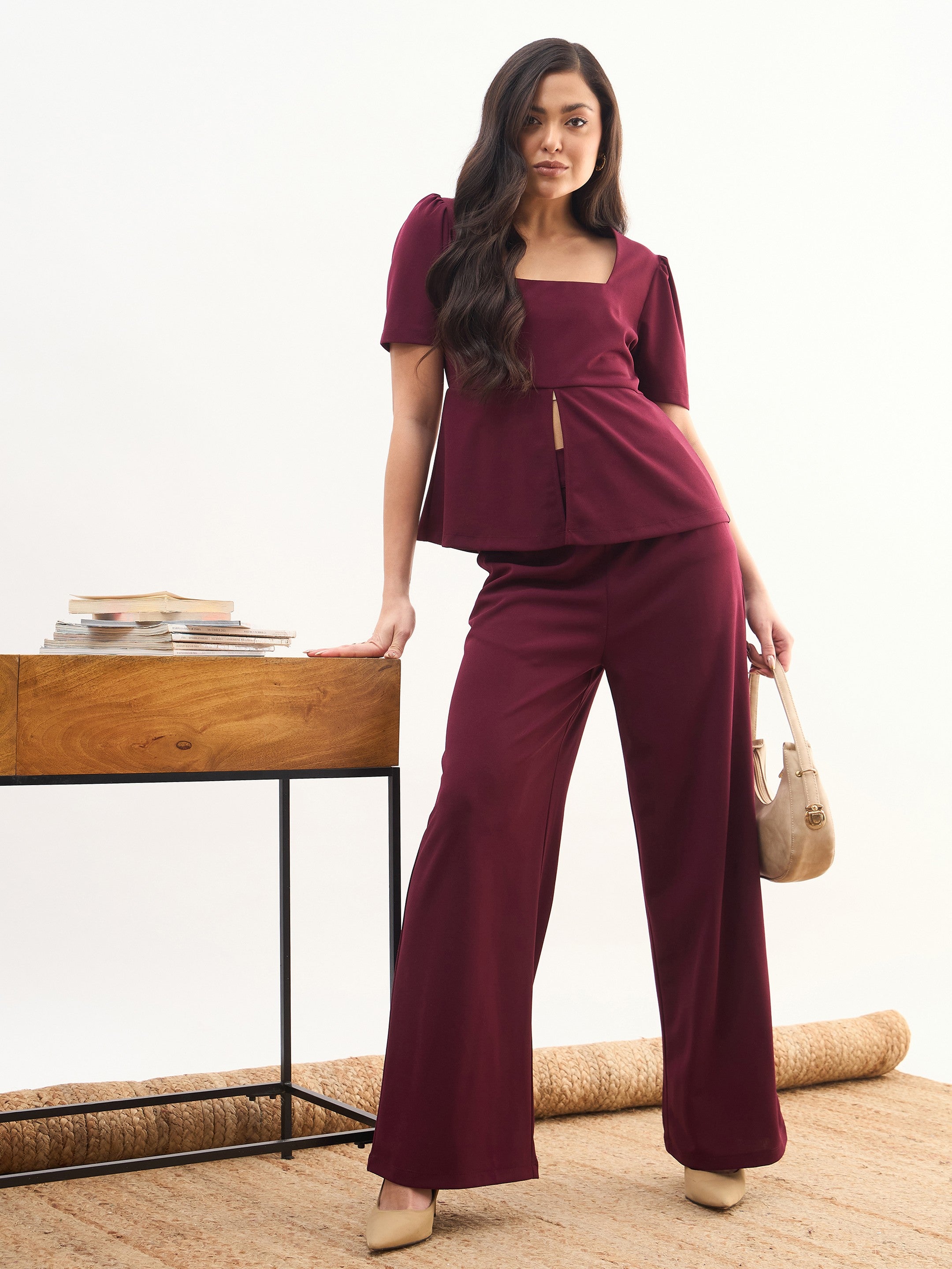 Women Maroon Front Slit Top With Straight Pants