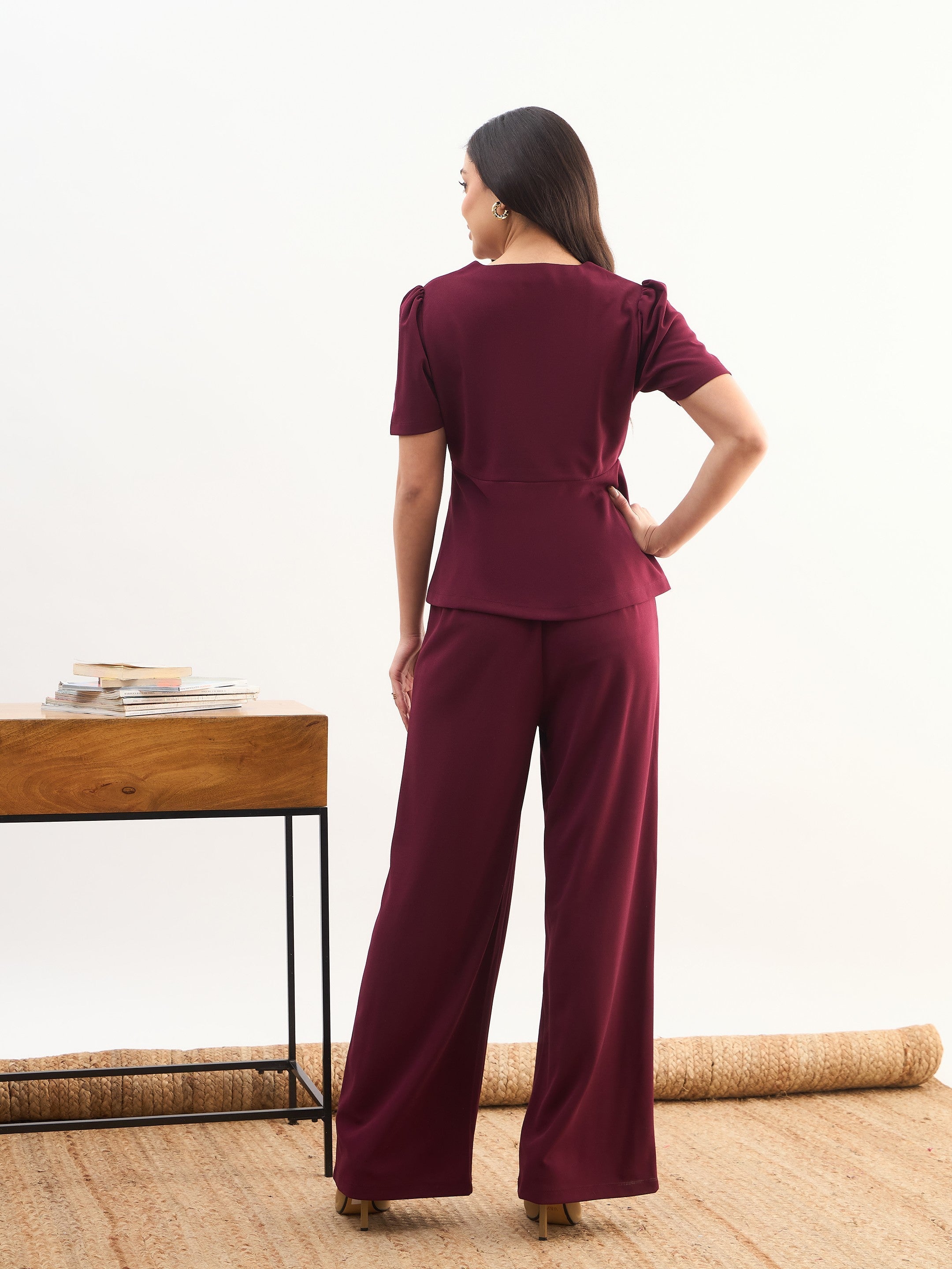 Women Maroon Front Slit Top With Straight Pants