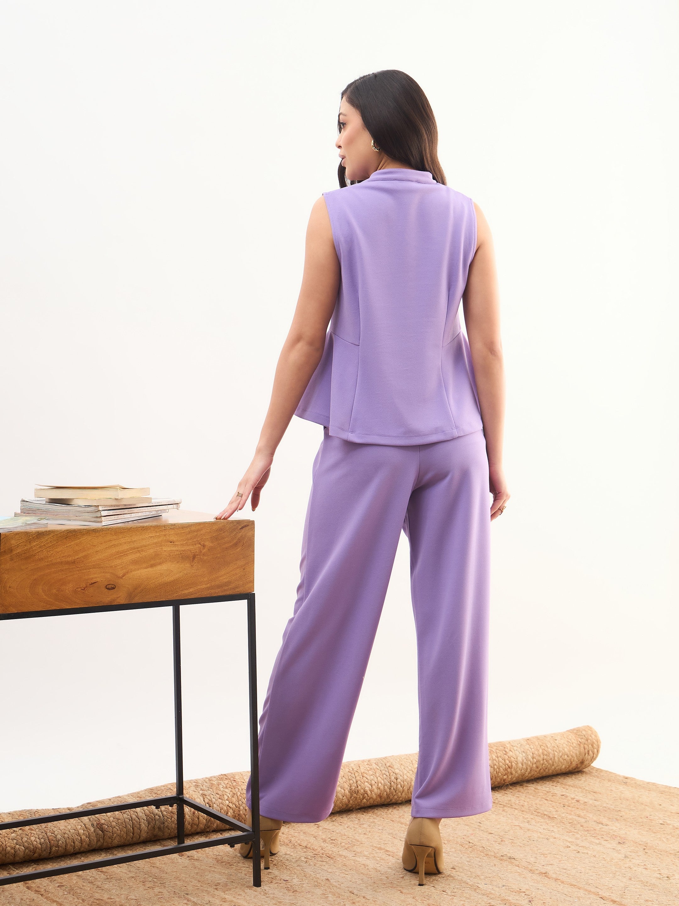 Purple Rhombus Neck Top With Cross Pocket Pants SASSAFRAS worklyf