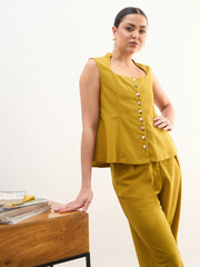Lemon Rhombus Neck Top With Cross Pocket Pants SASSAFRAS worklyf