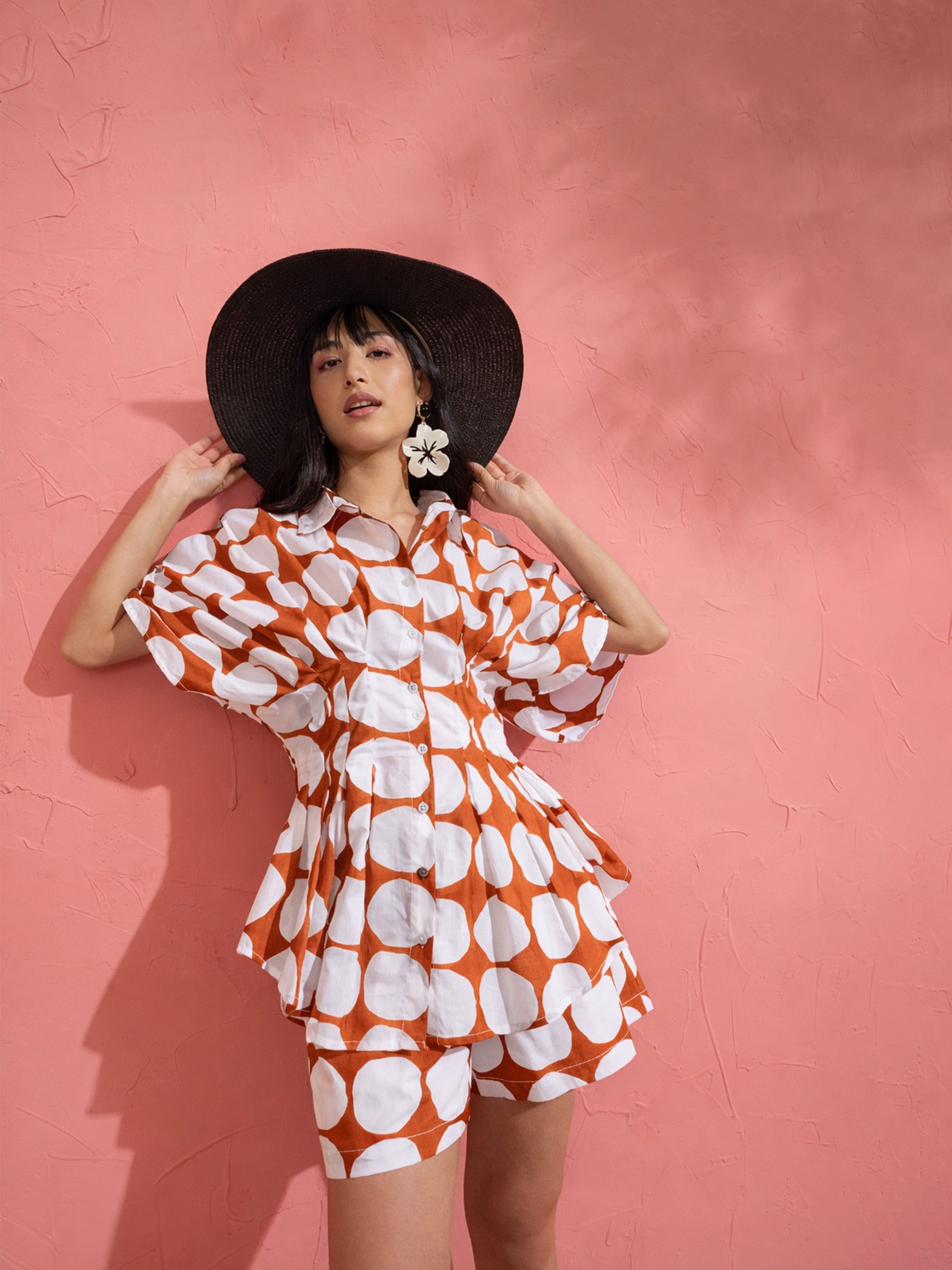 Brown Polka Dot Shirt with Shorts Pink Paprika by SASSAFRAS
