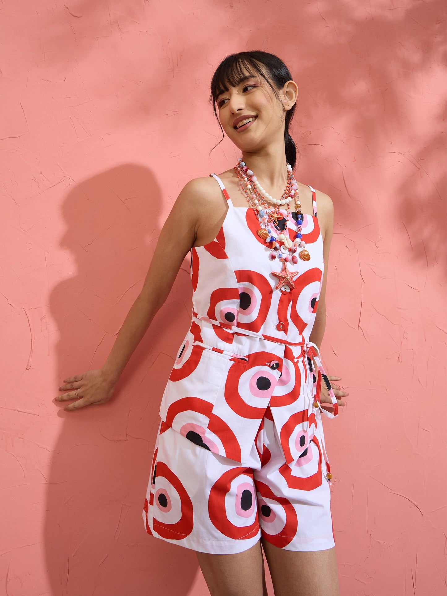 Red Evil Eye Print Vest Top With Shorts Pink Paprika by SASSAFRAS