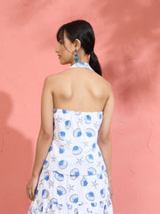 Women White & Blue Printed Halter Vest Top With Tiered Skirt