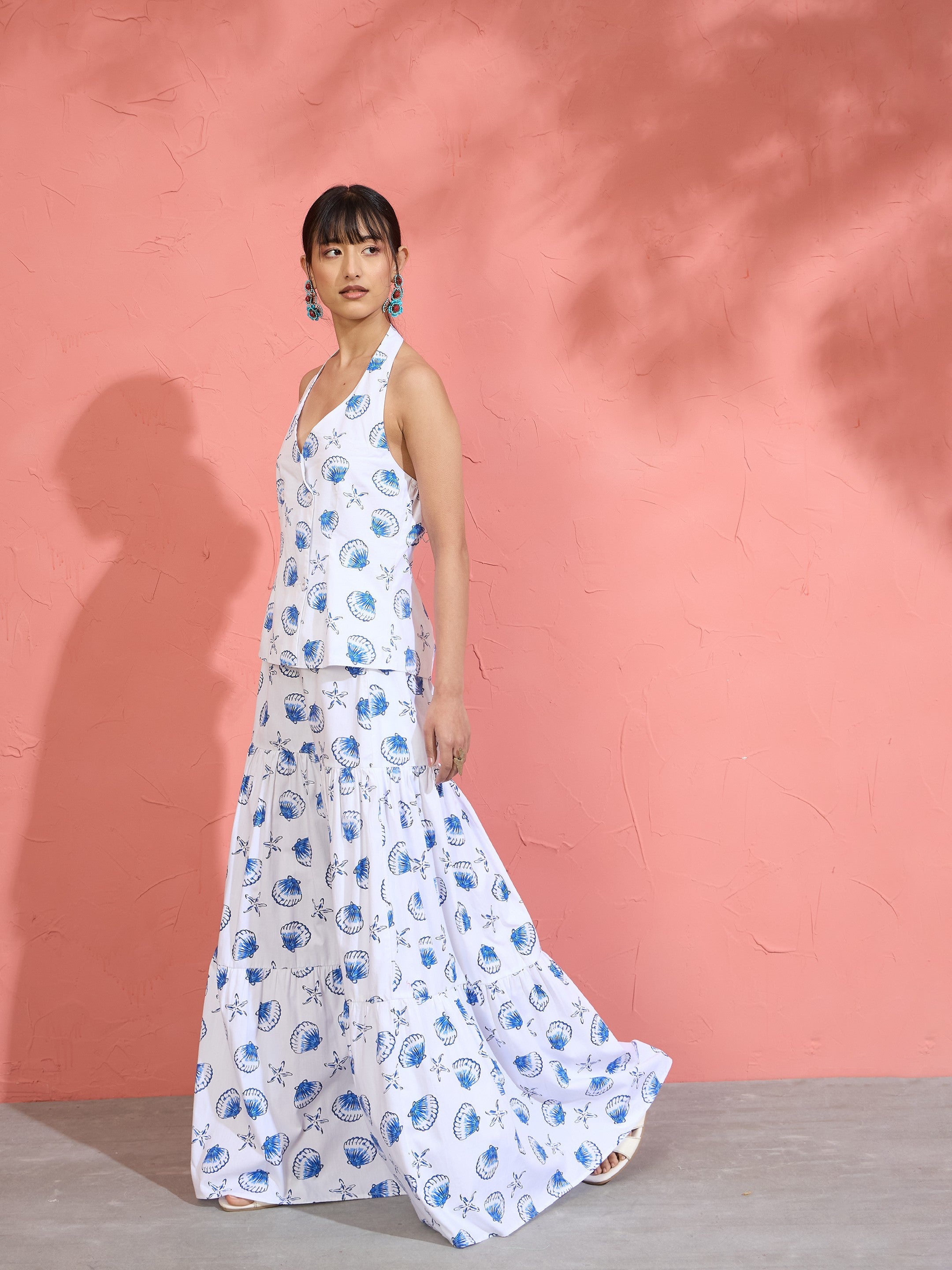 Women White & Blue Printed Halter Vest Top With Tiered Skirt