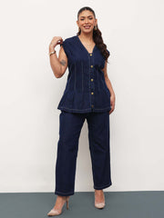 Women Navy Blue Denim Down Button Top With Mom Fit Jeans