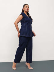 Women Navy Blue Denim Down Button Top With Mom Fit Jeans