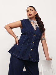 Women Navy Blue Denim Down Button Top With Mom Fit Jeans