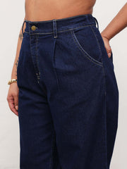 Women Navy Blue Denim Down Button Top With Mom Fit Jeans