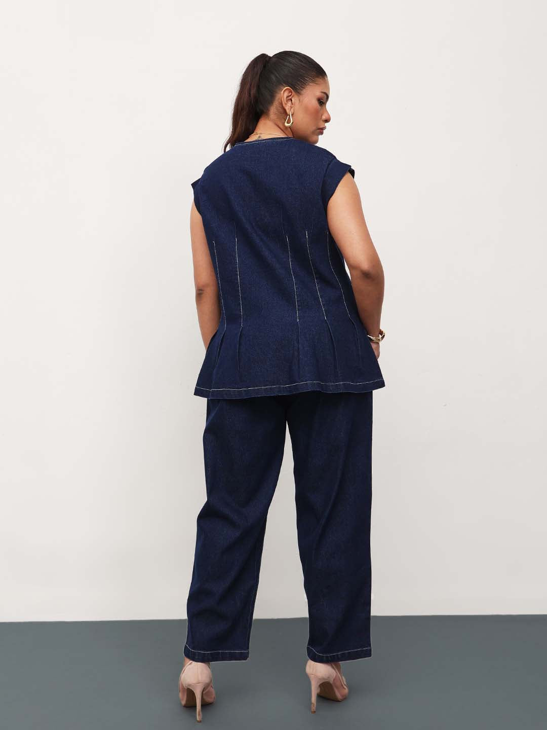 Women Navy Blue Denim Down Button Top With Mom Fit Jeans