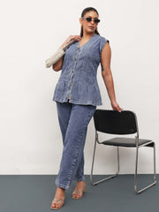 Women Blue Blast Denim Button Down Top With Mom Fit Jeans