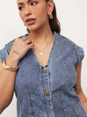 Women Blue Blast Denim Button Down Top With Mom Fit Jeans