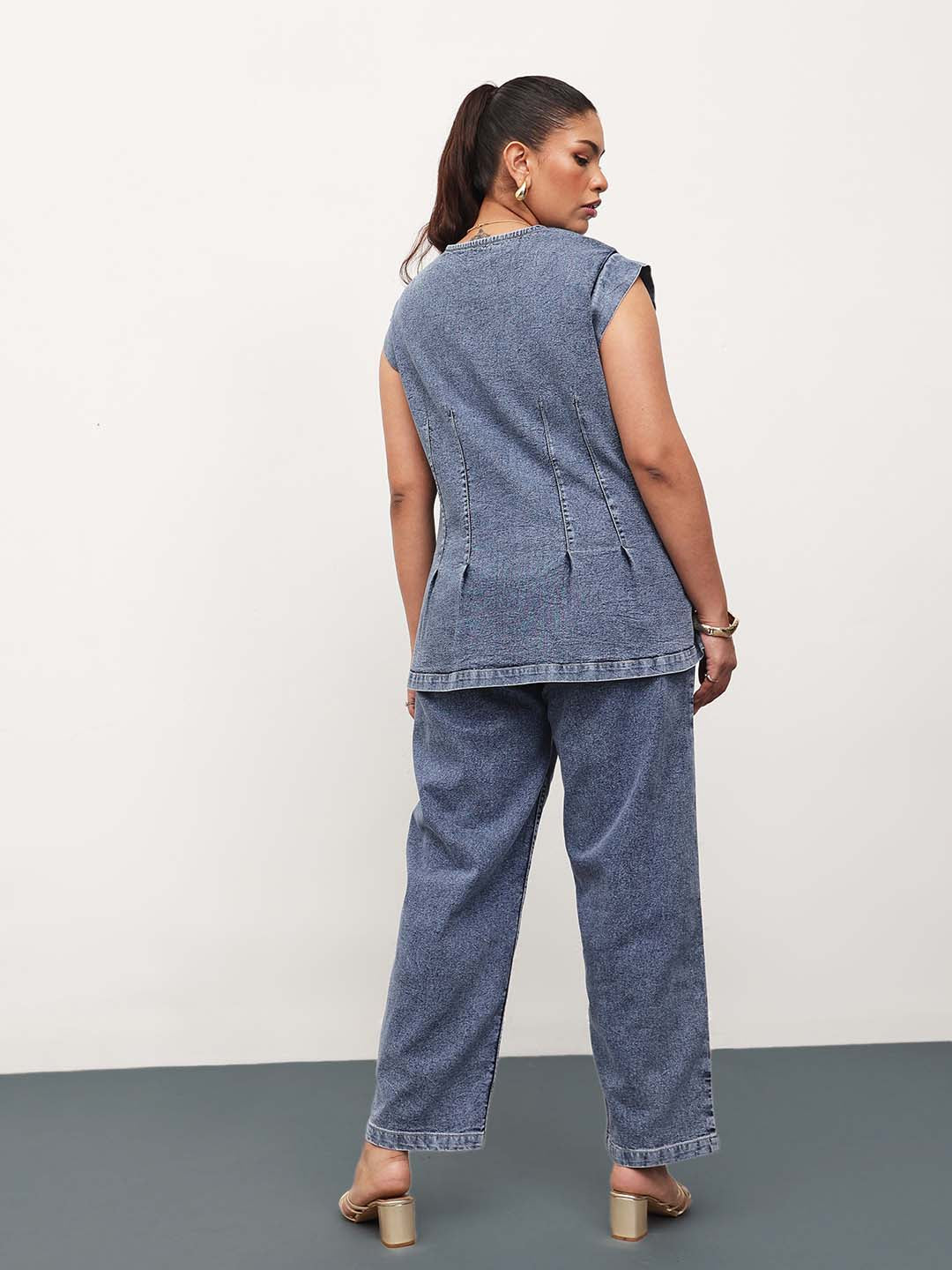 Women Blue Blast Denim Button Down Top With Mom Fit Jeans