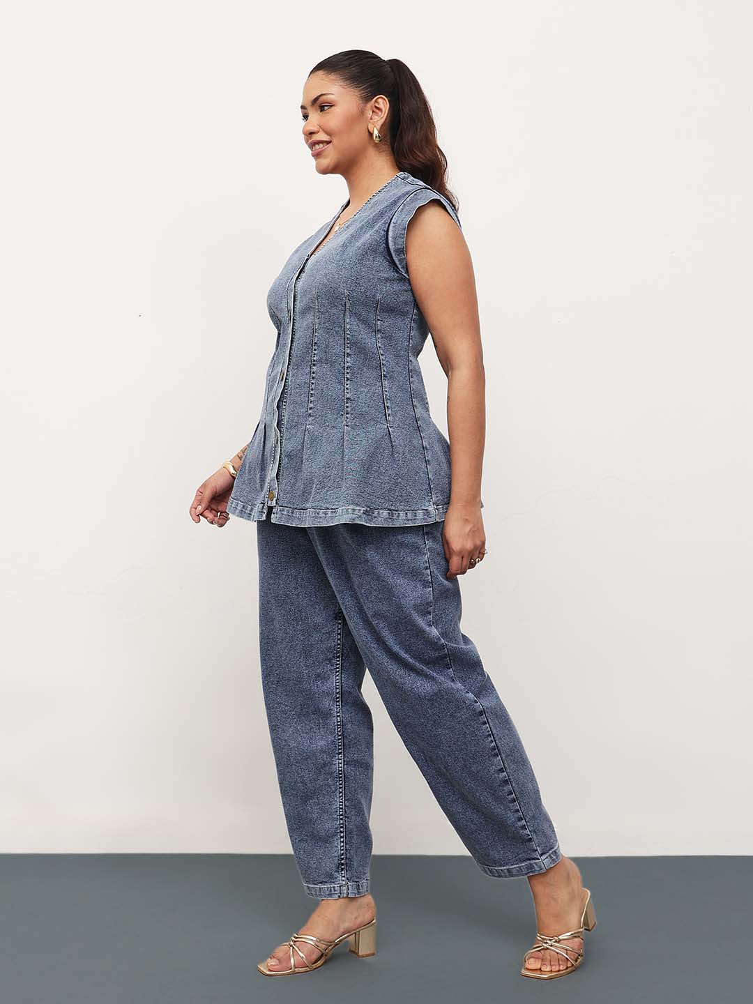 Women Blue Blast Denim Button Down Top With Mom Fit Jeans