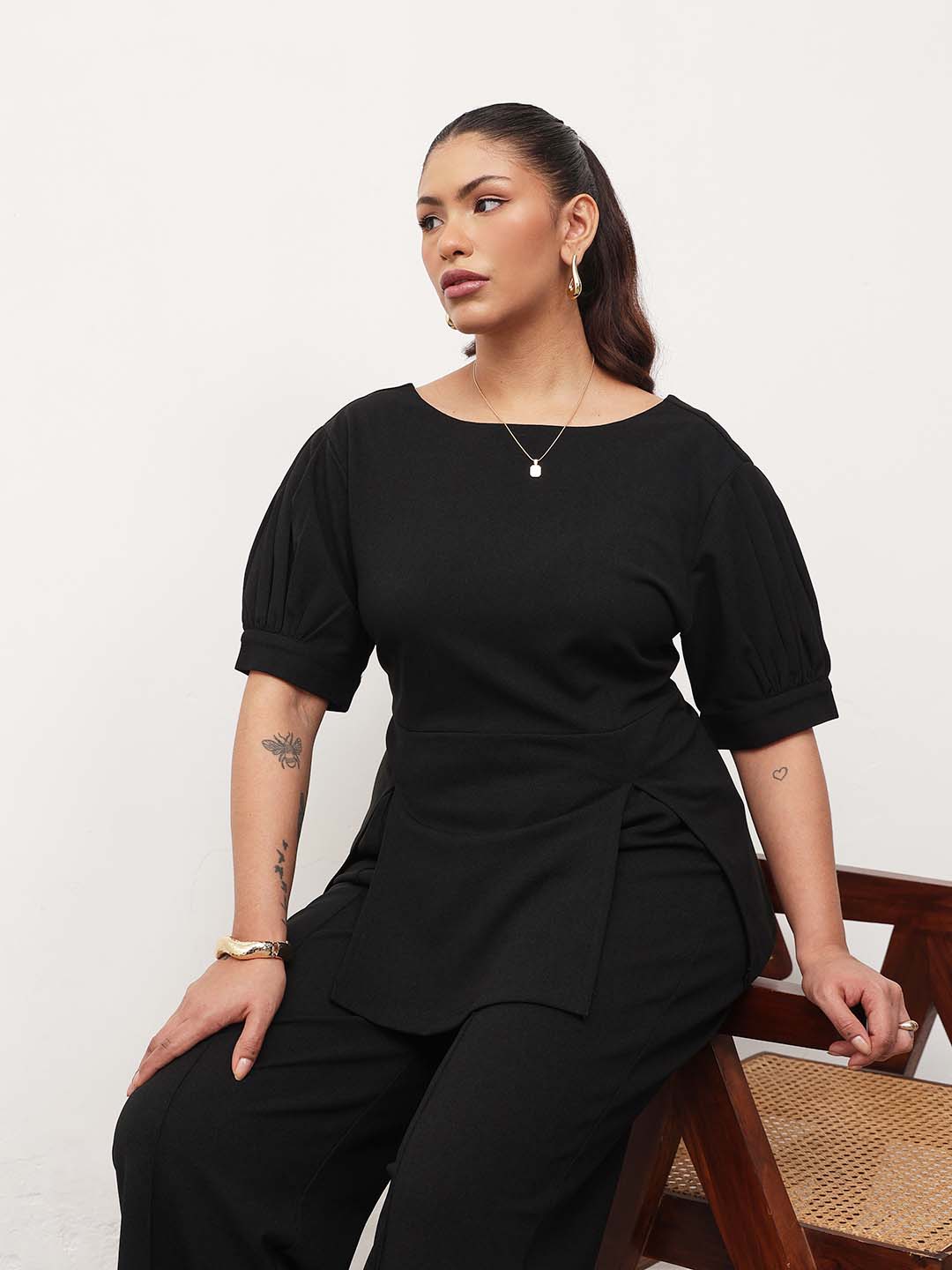 Women Black Round Neck Top With Straight Pants