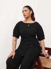 Women Black Round Neck Top With Straight Pants