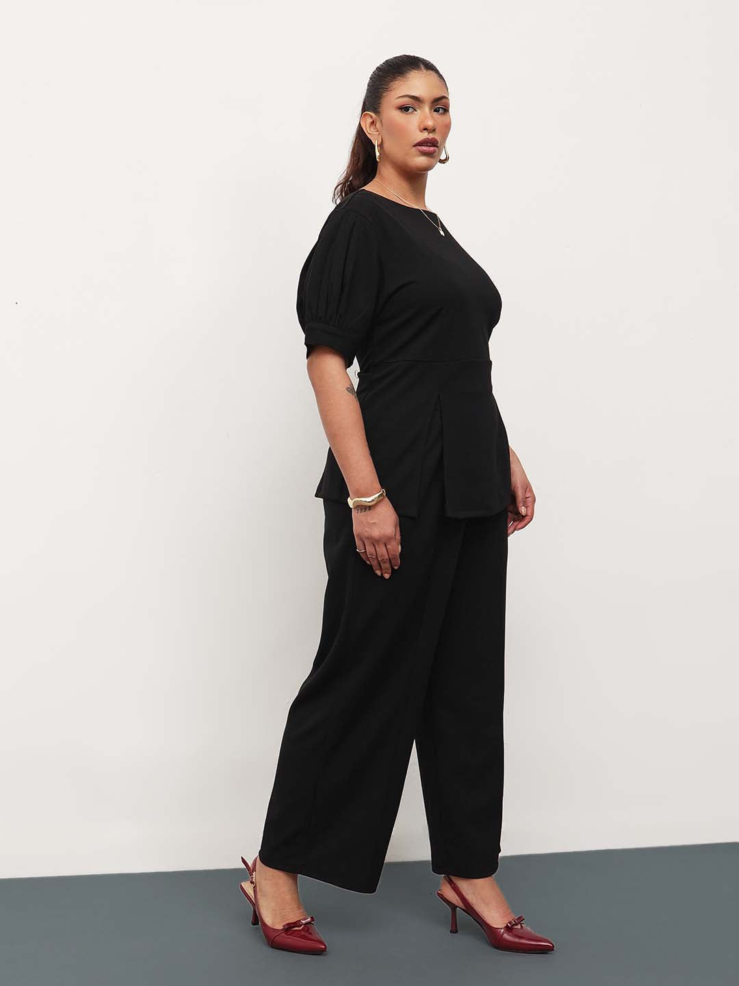 Women Black Round Neck Top With Straight Pants