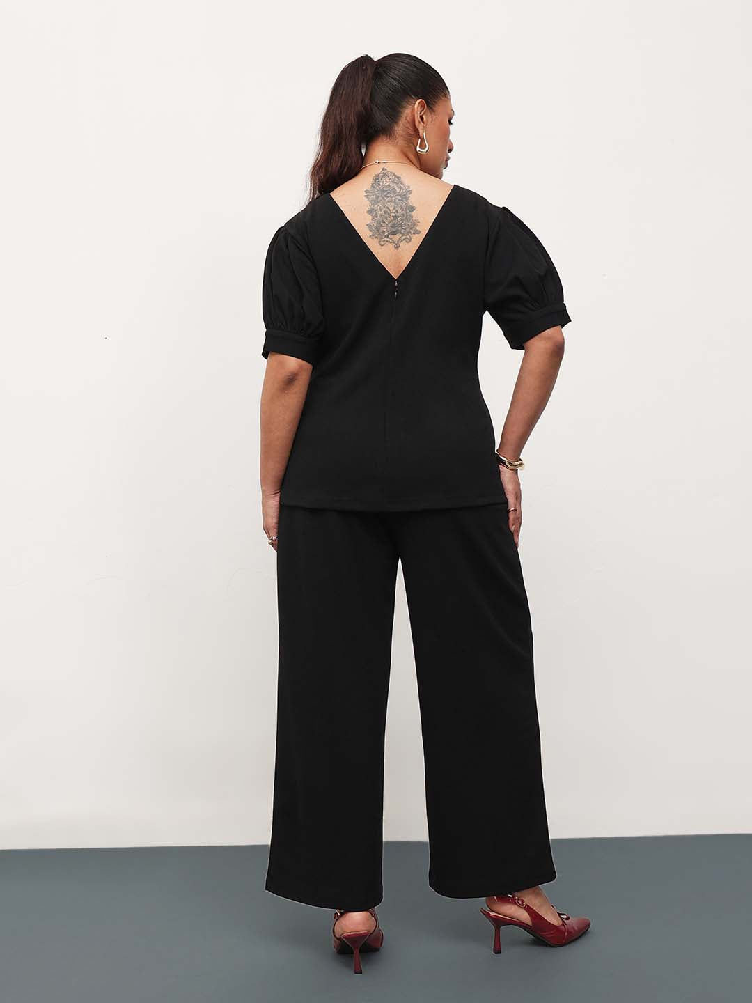 Women Black Round Neck Top With Straight Pants