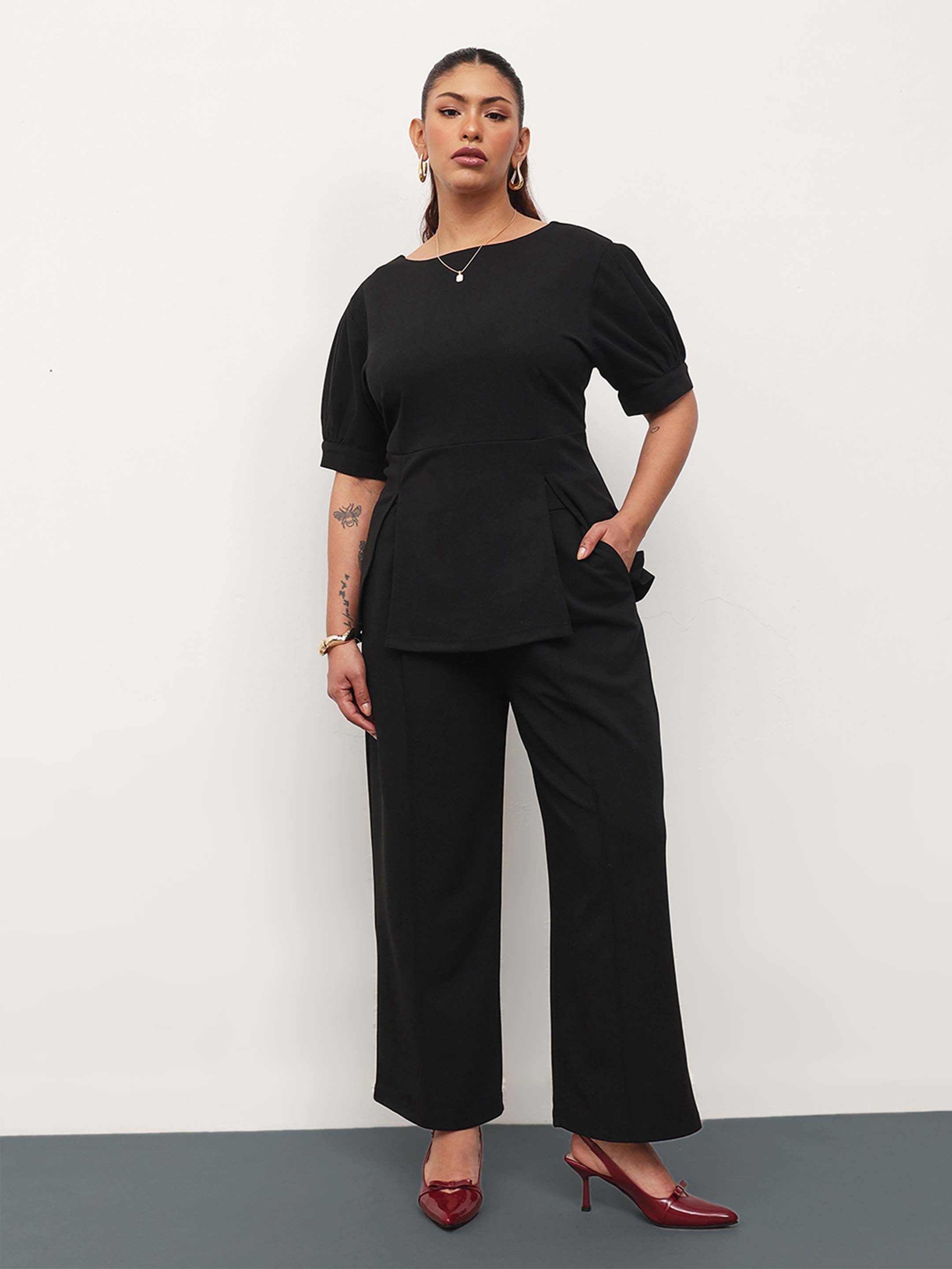 Women Black Round Neck Top With Straight Pants