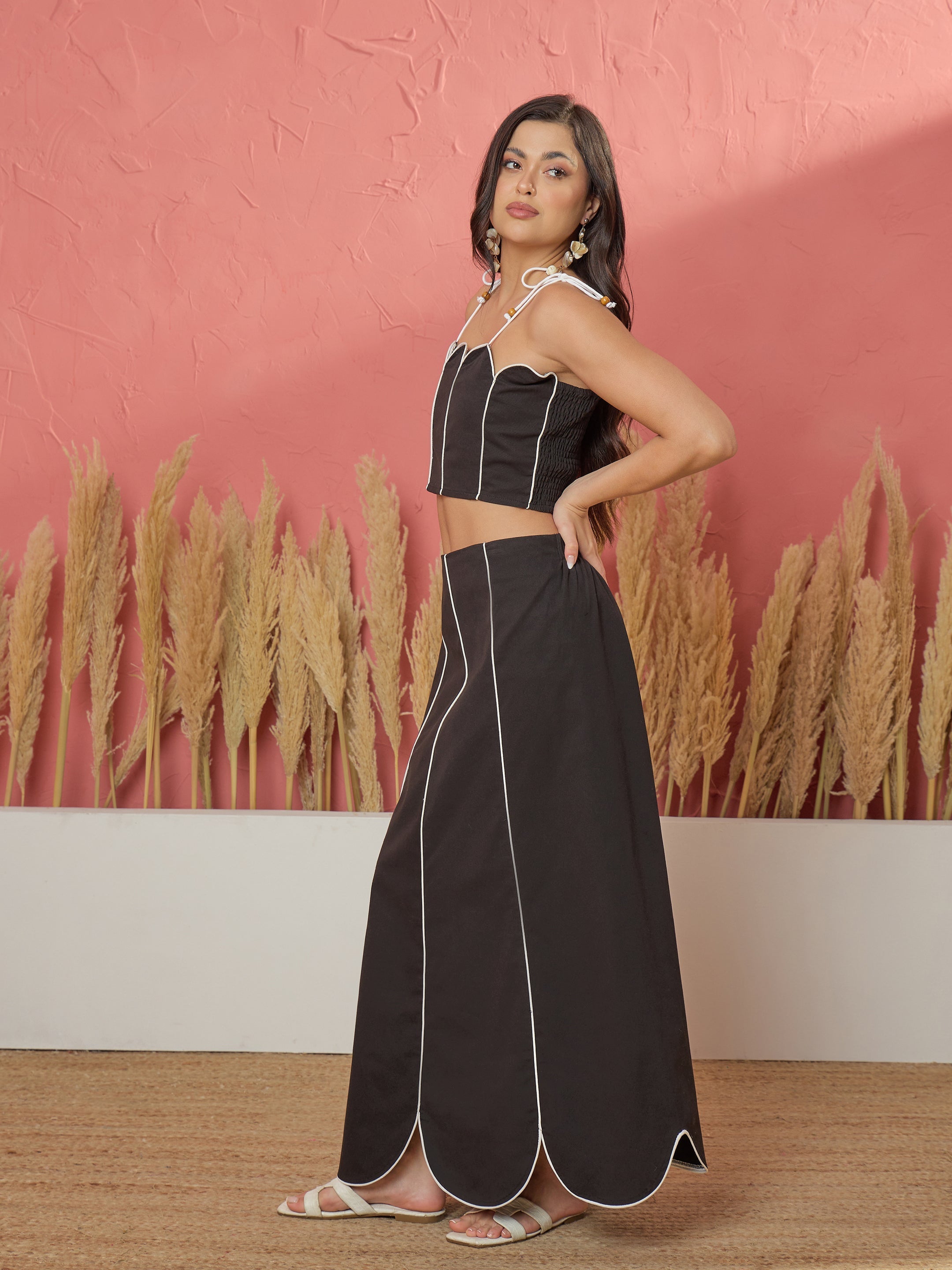 Women Black Twill Strappy Crop Top With Scalloped Skirt