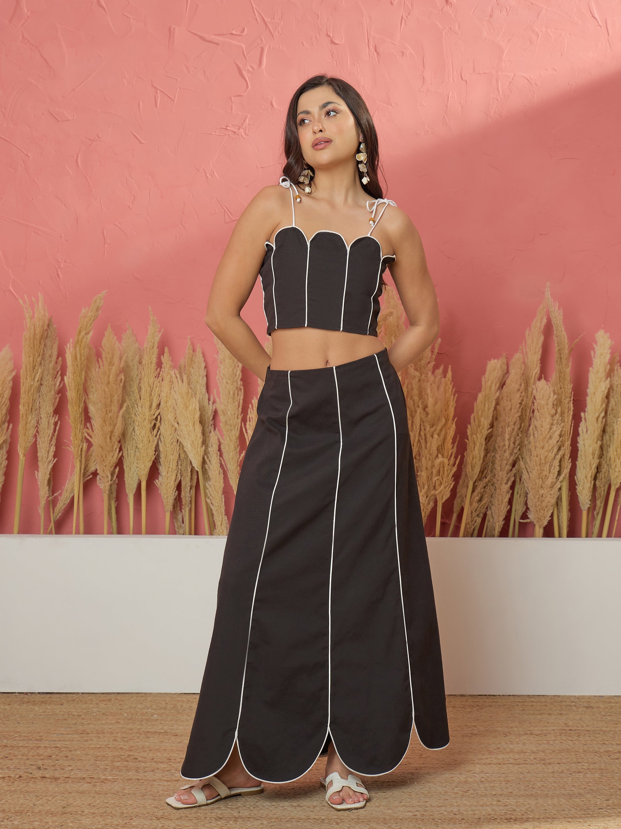 Women Black Twill Strappy Crop Top With Scalloped Skirt