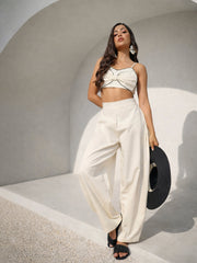 Women White Twill Front Bow Strappy Top With Balloon Pants