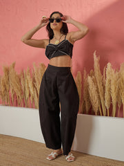 Women Black Twill Front Bow Strappy Top With Balloon Pants