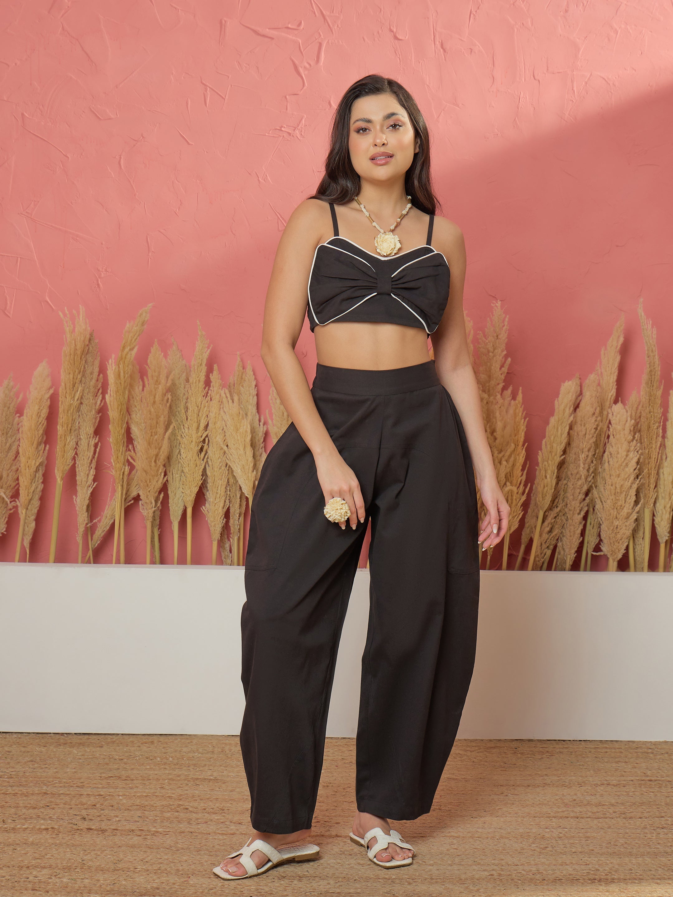 Women Black Twill Front Bow Strappy Top With Balloon Pants