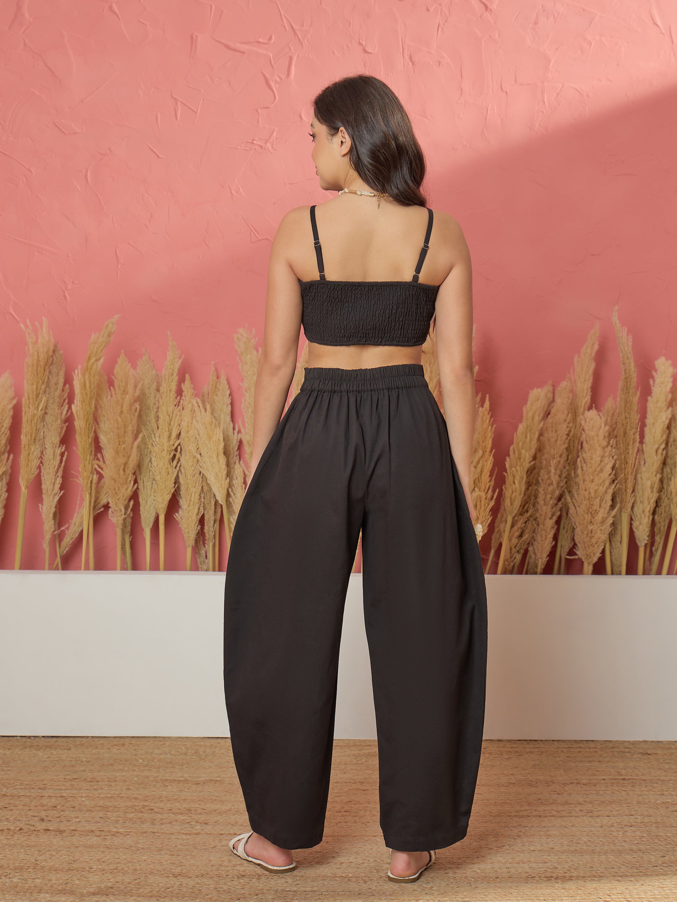 Women Black Twill Front Bow Strappy Top With Balloon Pants