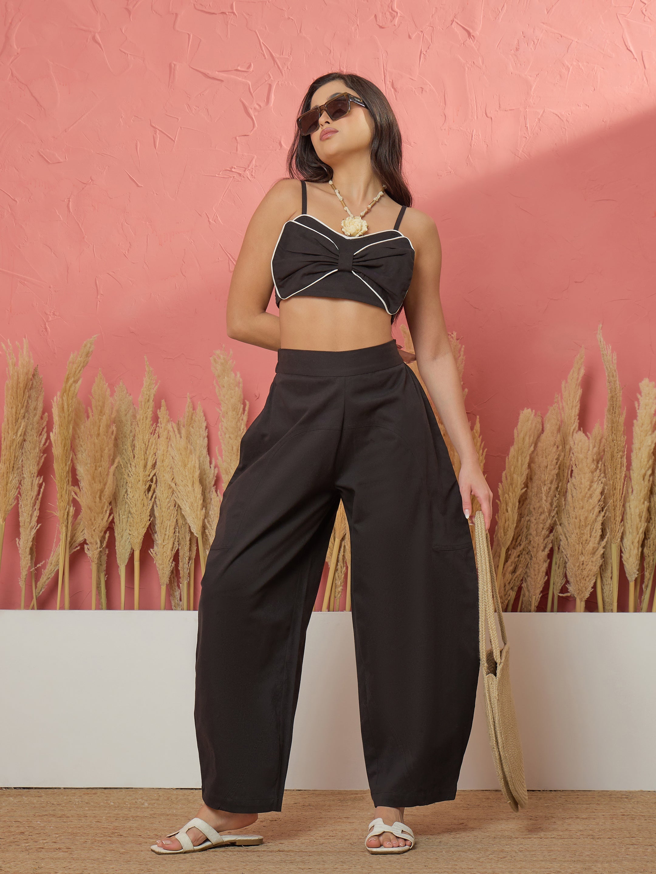Women Black Twill Front Bow Strappy Top With Balloon Pants