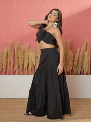 Women Black Front Corsage Tube Top With Tiered Skirt