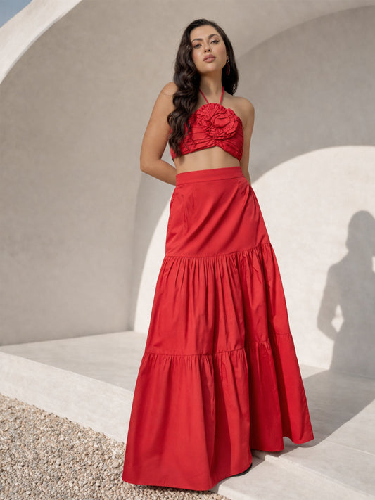 Women Red Front Corsage Tube Top With Tiered Skirt