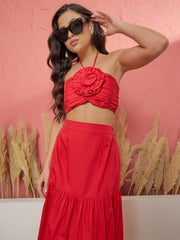 Women Red Front Corsage Tube Top With Tiered Skirt