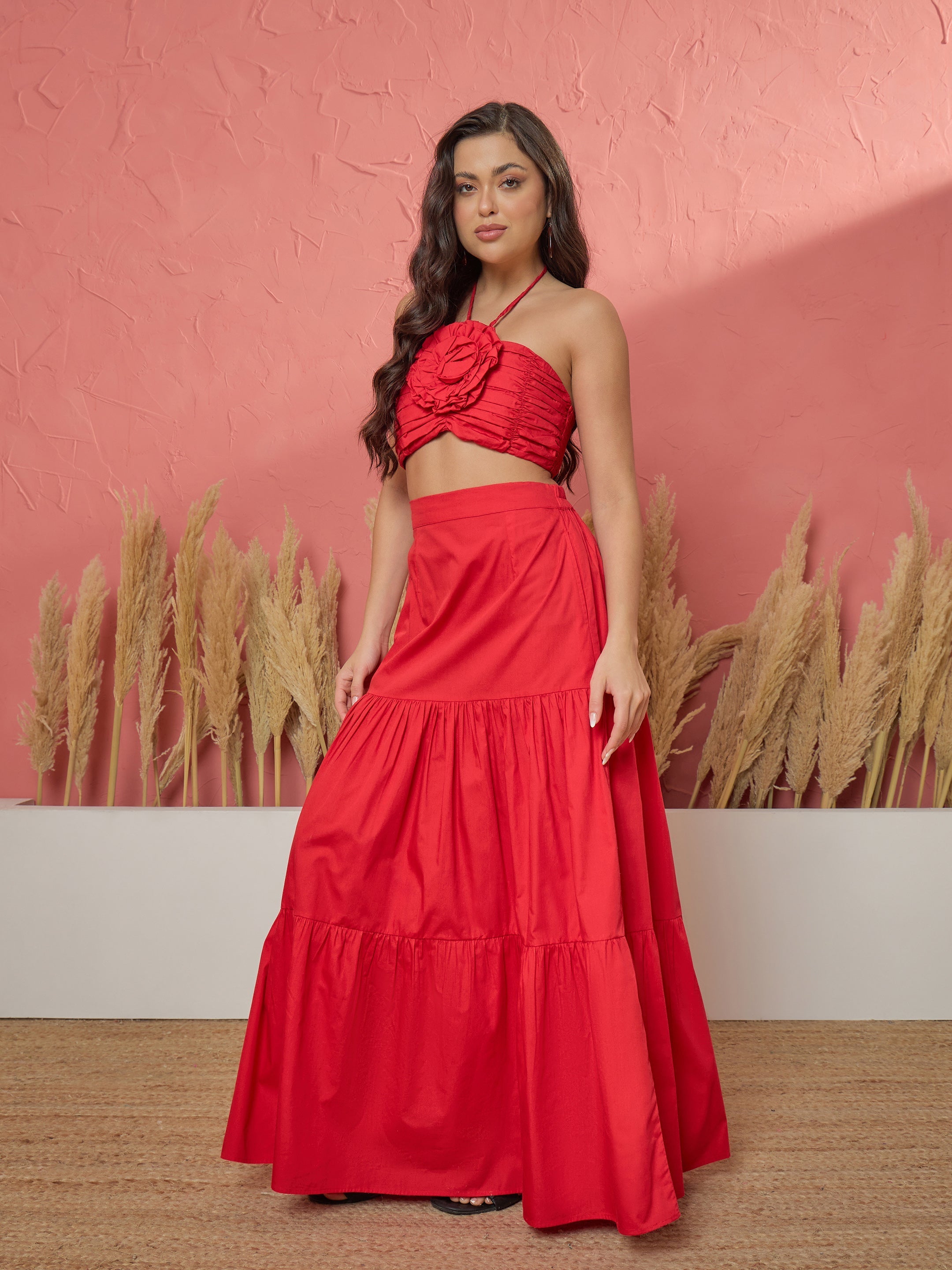 Women Red Front Corsage Tube Top With Tiered Skirt