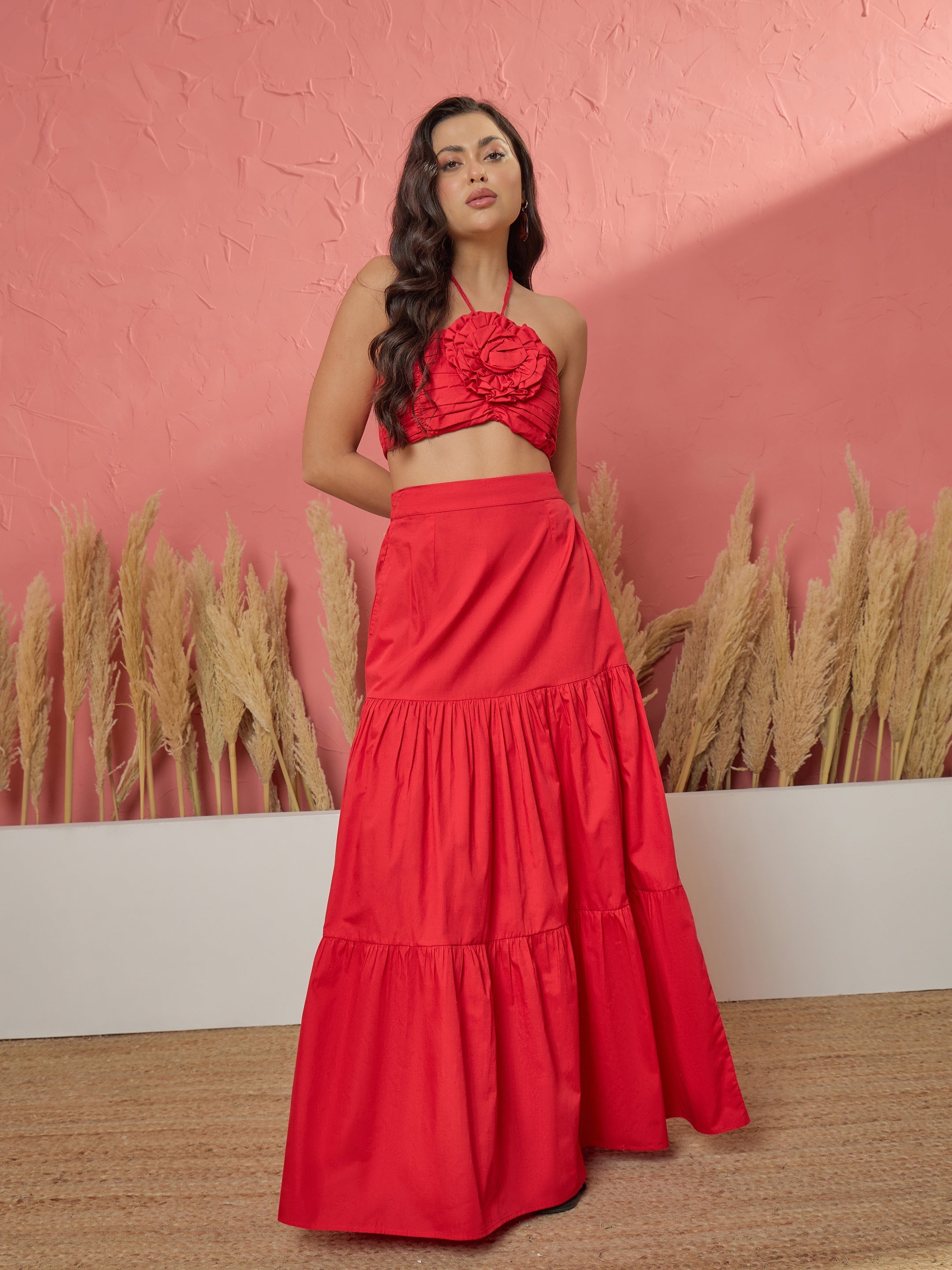 Women Red Front Corsage Tube Top With Tiered Skirt