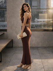 Women Brown Rib Sleeveless Crop Top With Bodycon Skirt