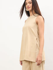 Women Beige Long Line Top With Straight Wide Leg Pants