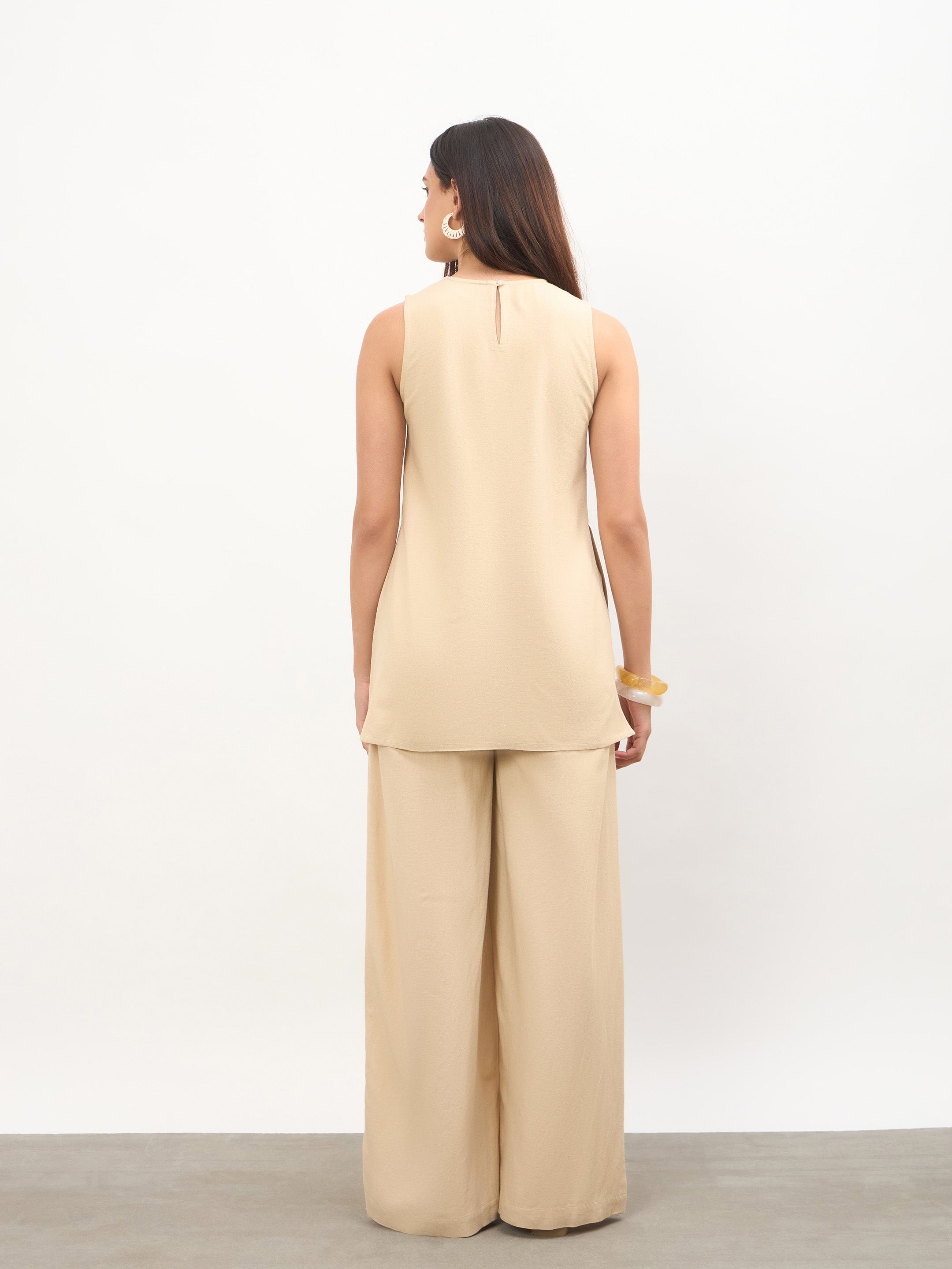 Women Beige Long Line Top With Straight Wide Leg Pants