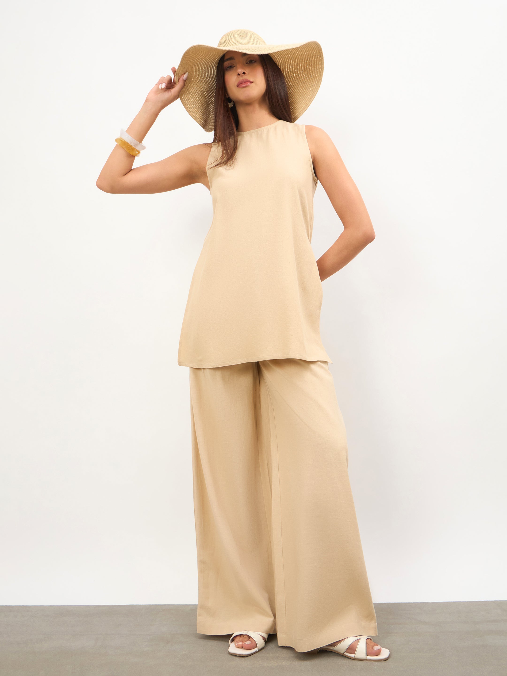Women Beige Long Line Top With Straight Wide Leg Pants