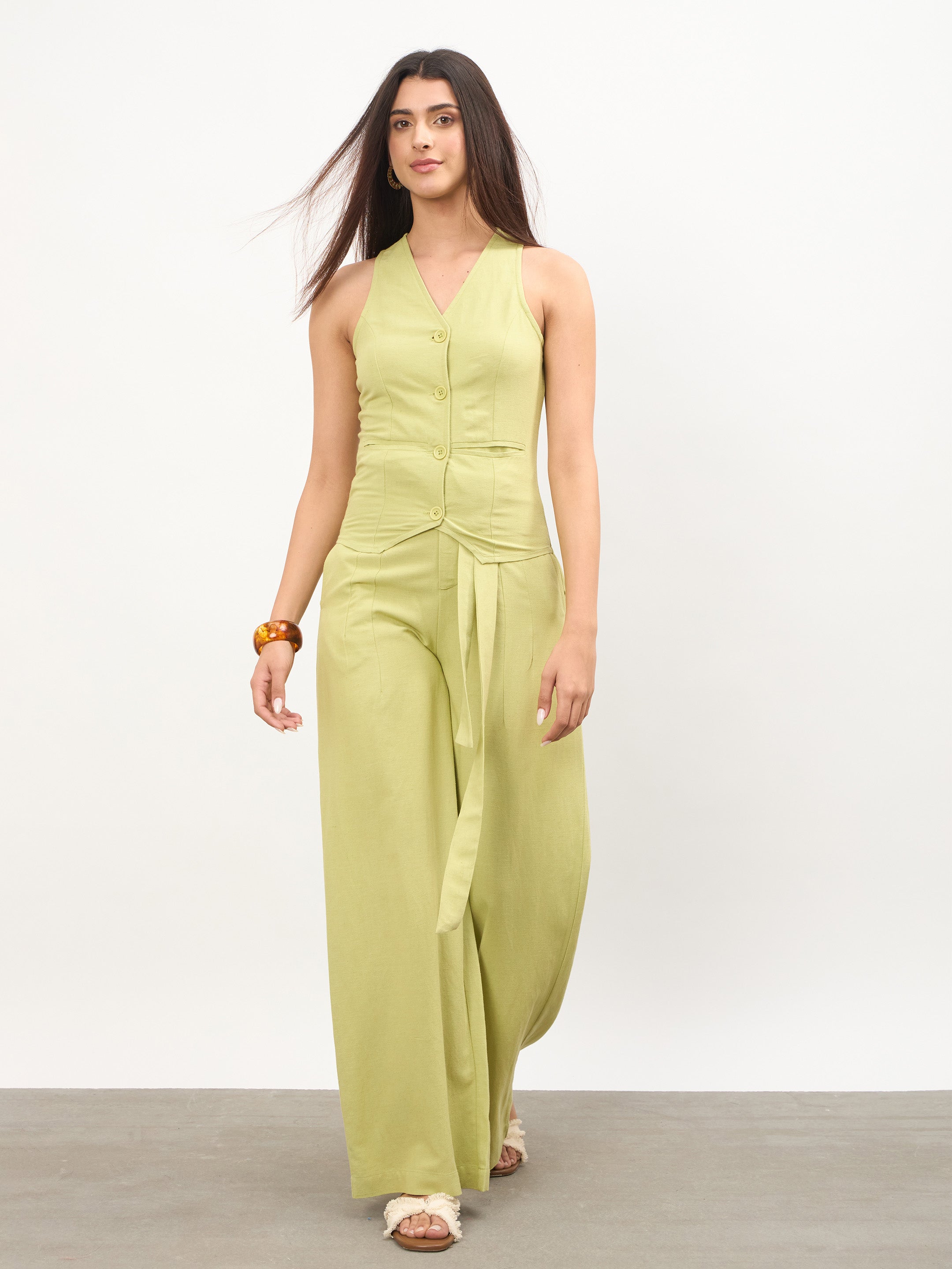 Women Green Vest Top With Belted Straight Pants
