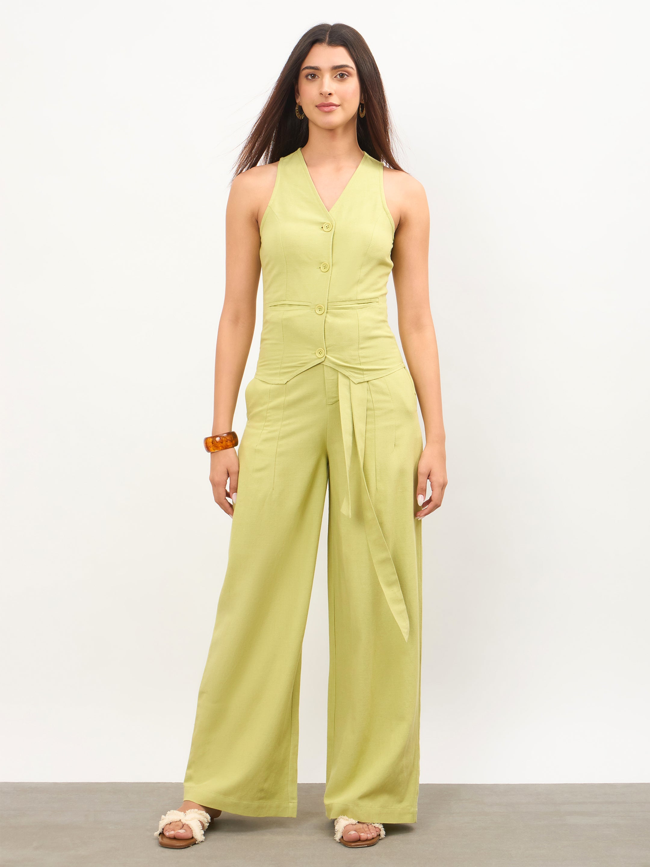 Women Green Vest Top With Belted Straight Pants